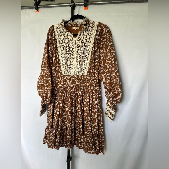 ByTiMo Charming Brown and Cream Cotton Floral Mini Dress - Picture 3 of 4